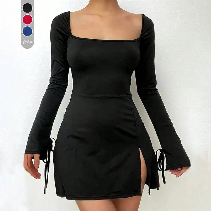 Damen figurbetontes Minikleid mit eckigem Ausschnitt Trompetenärmeln und seitlichem Schlitz – Élara