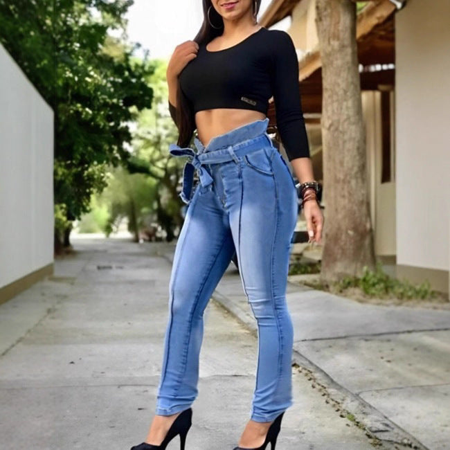 Damen Hochtaillierte Paperbag-Skinny-Jeans mit Bindegürtel und vertikaler Nahtführung Echo Archiv