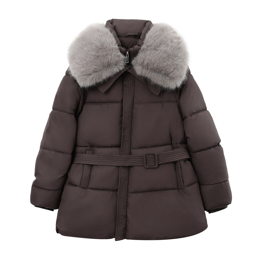 Damen Taillierter Pufferparka mit Wickelgürtel, hohem Stehkragen und voluminösem Fellkragen Echo Archiv