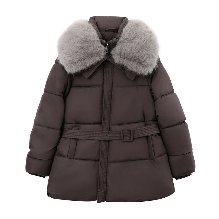 Damen Taillierter Pufferparka mit Wickelgürtel, hohem Stehkragen und voluminösem Fellkragen Echo Archiv