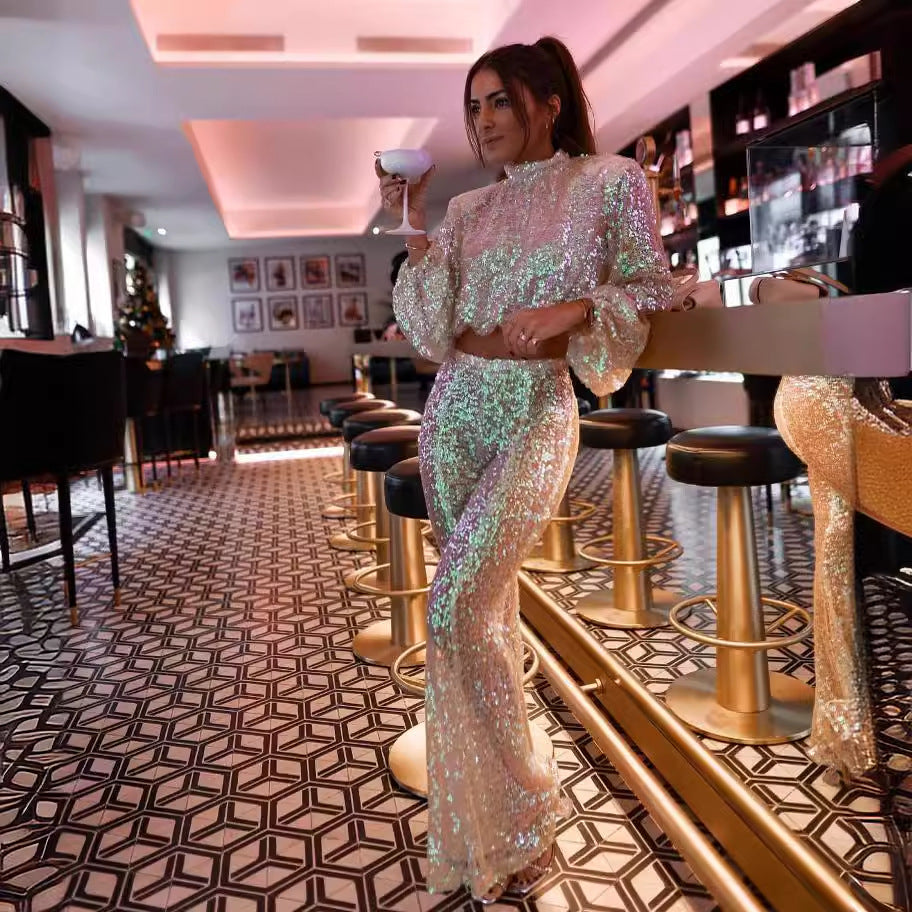 Damen Glitzerndes Oberschenkel-lang Outfit mit Raffungen und weit geschnittenen Beinen Echo Archiv