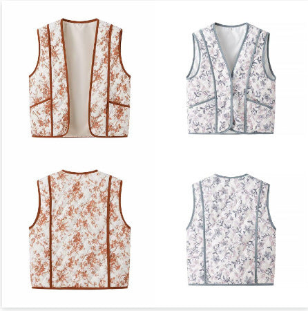 Damen Leicht gesteppte Steppweste mit floralem Print, V‑Ausschnitt und Eingrifftaschen Echo Archiv