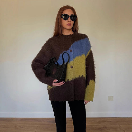 Damen Oversize Mohair-Blend Cardigan mit abstraktem Farbblock und Knopfleiste Echoarchiv