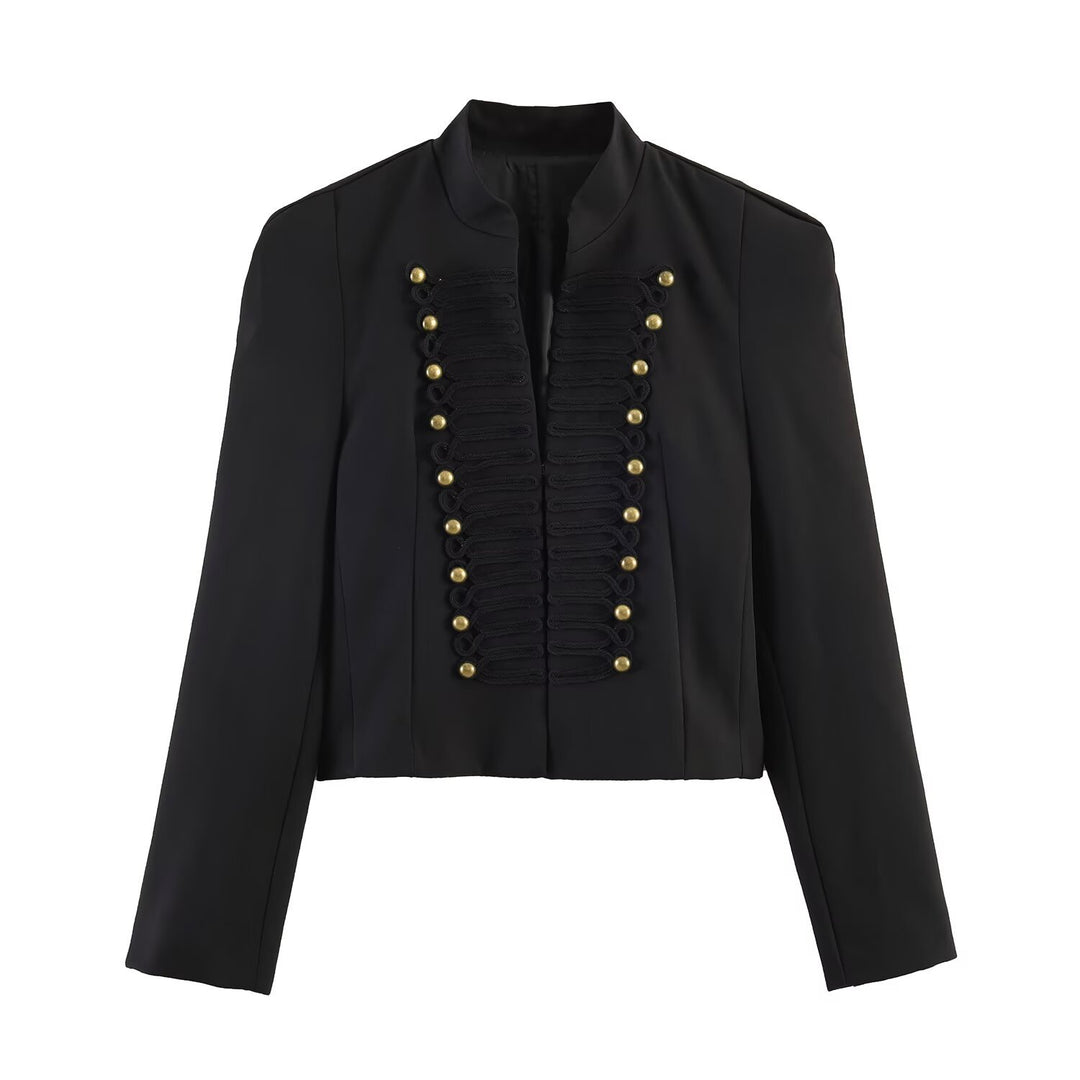 Damen militärinspirierte Cropped-Jacke mit Stehkragen und dekorativer Zierknopfpassé Echo Archiv