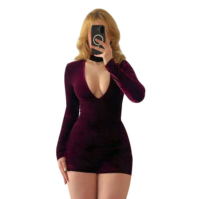 Damen eleganter Jumpsuit mit tiefem V-Ausschnitt und Langarm-Wickeldetail Echo Archiv