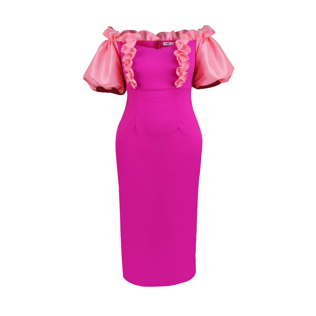 Damen figurbetontes Abendkleid mit voluminösen Rüschenärmeln Echo Archiv