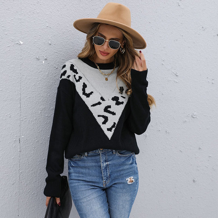 Damen Feinstrickpullover mit kontrastiver Leo‑Jacquard‑Passe und legerer Silhouette Echoarchiv