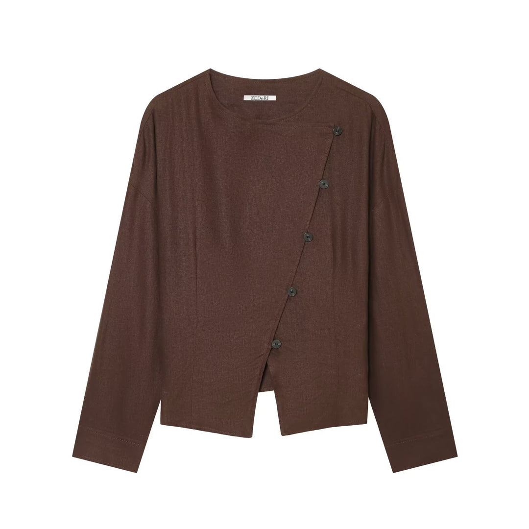 Damen Asymmetrische Leinenbluse mit diagonalem Knopfverschluss Echo Archiv