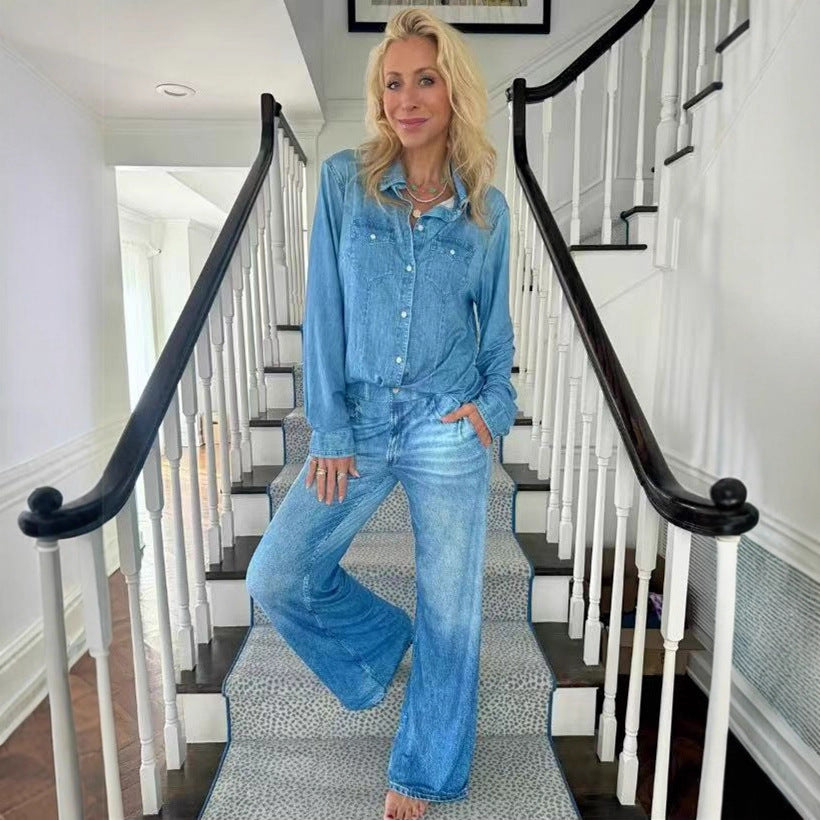 Damen Entspanntes Denim Loungewear-Set mit Übergröße Hemd und Weiten Schlaghosen Echoarchiv