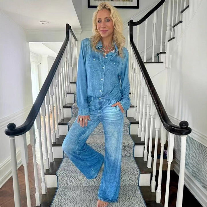 Damen Entspanntes Denim Loungewear-Set mit Übergröße Hemd und Weiten Schlaghosen Echoarchiv