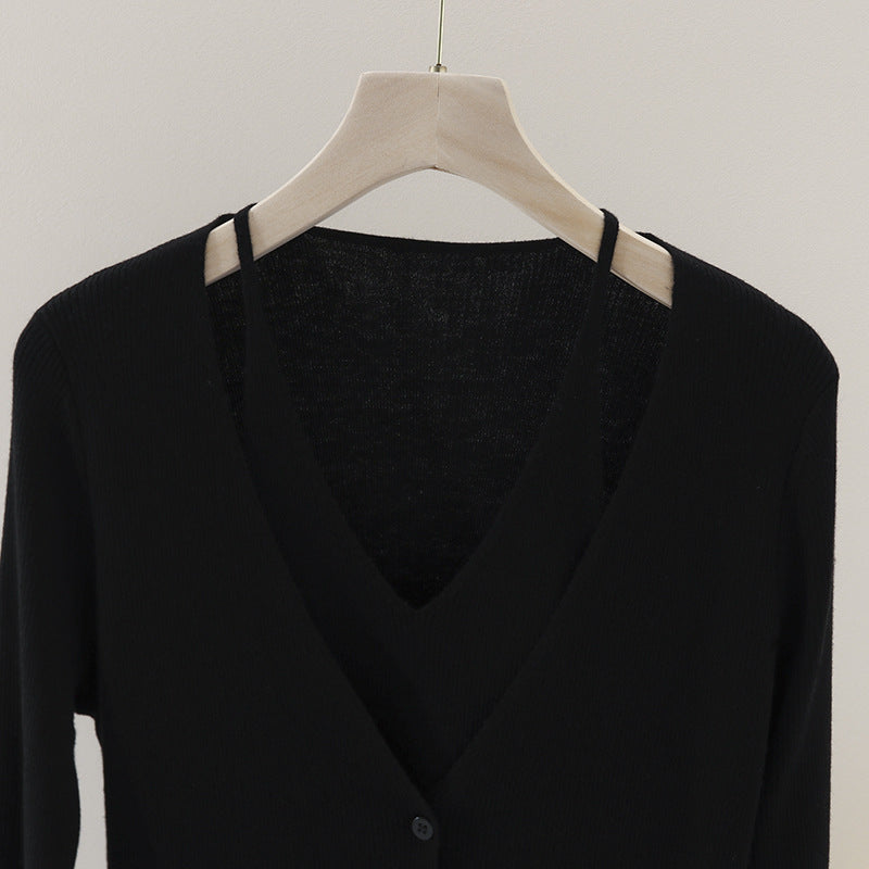 Damen feiner Rippstrick-Cardigan mit integriertem Spaghettitop und tiefem V-Ausschnitt Echo Archiv