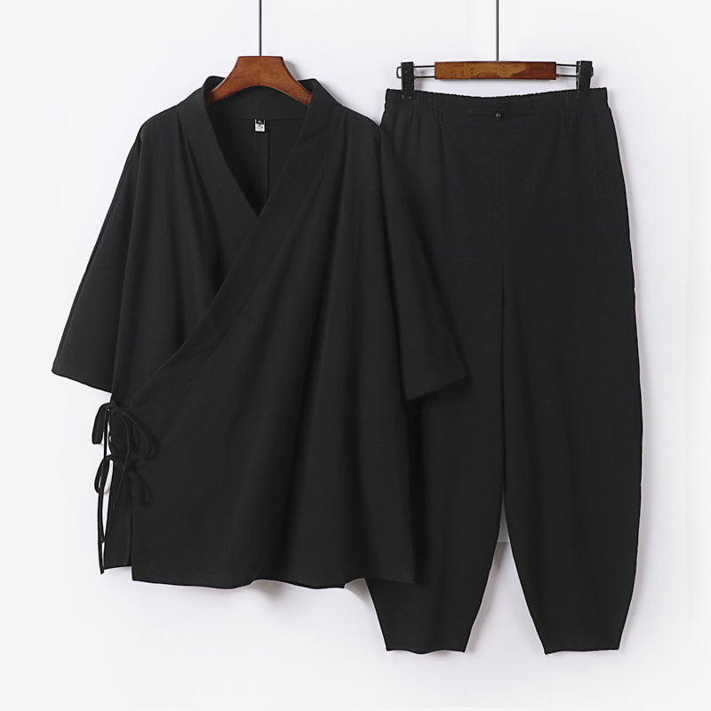 Unisex Leichtes Wickel-Lounge-Set im Kimono-Stil mit seitlichen Bindebändern und elastischer konisch zulaufender Hose Echoarchiv