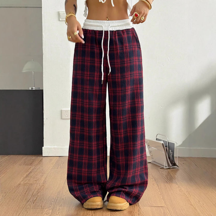 Damen weite karierte Lounge-Hose mit hohem Gummibund und Kordelzug Echo Archiv