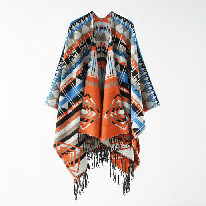 Damen Geometrisch gemusterter Wollmix‑Poncho mit Zipfel und Fransen Echo Archiv