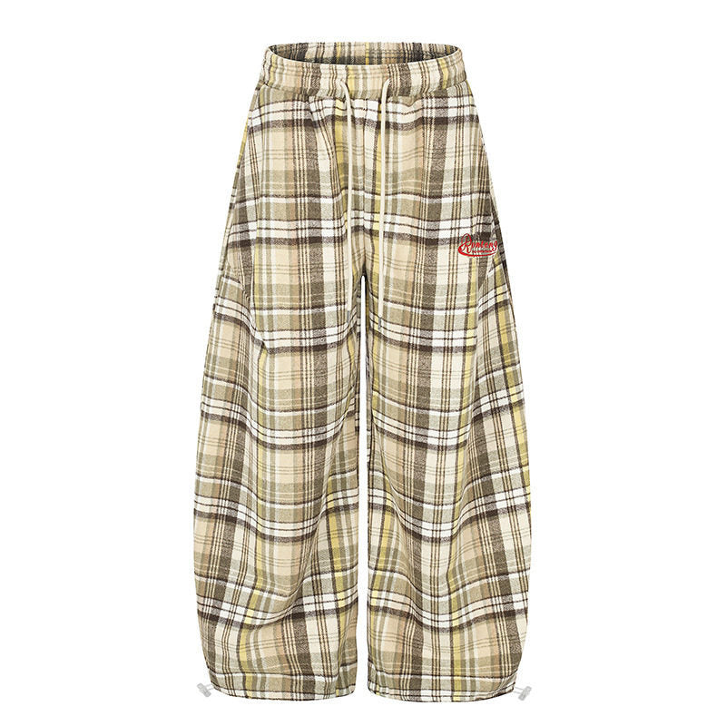 Damen Weite Karierte Palazzo-Loungehose mit hohem Komfortbund und Saumkordel Echoarchiv