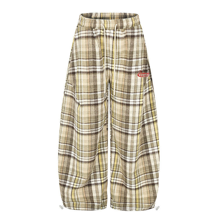 Damen Weite Karierte Palazzo-Loungehose mit hohem Komfortbund und Saumkordel Echoarchiv