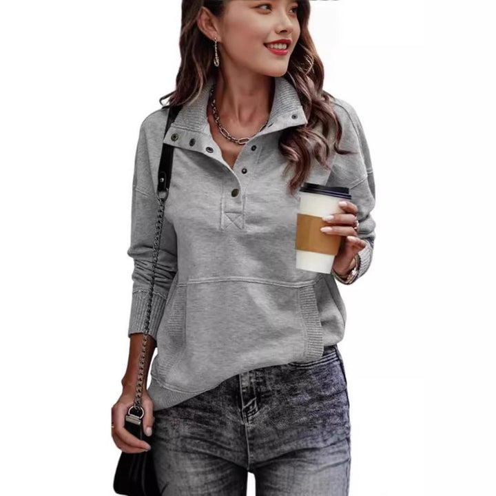 Damen Sweatpullover mit Stehkragen-Knopfleiste und Kängurutasche Echo Archiv