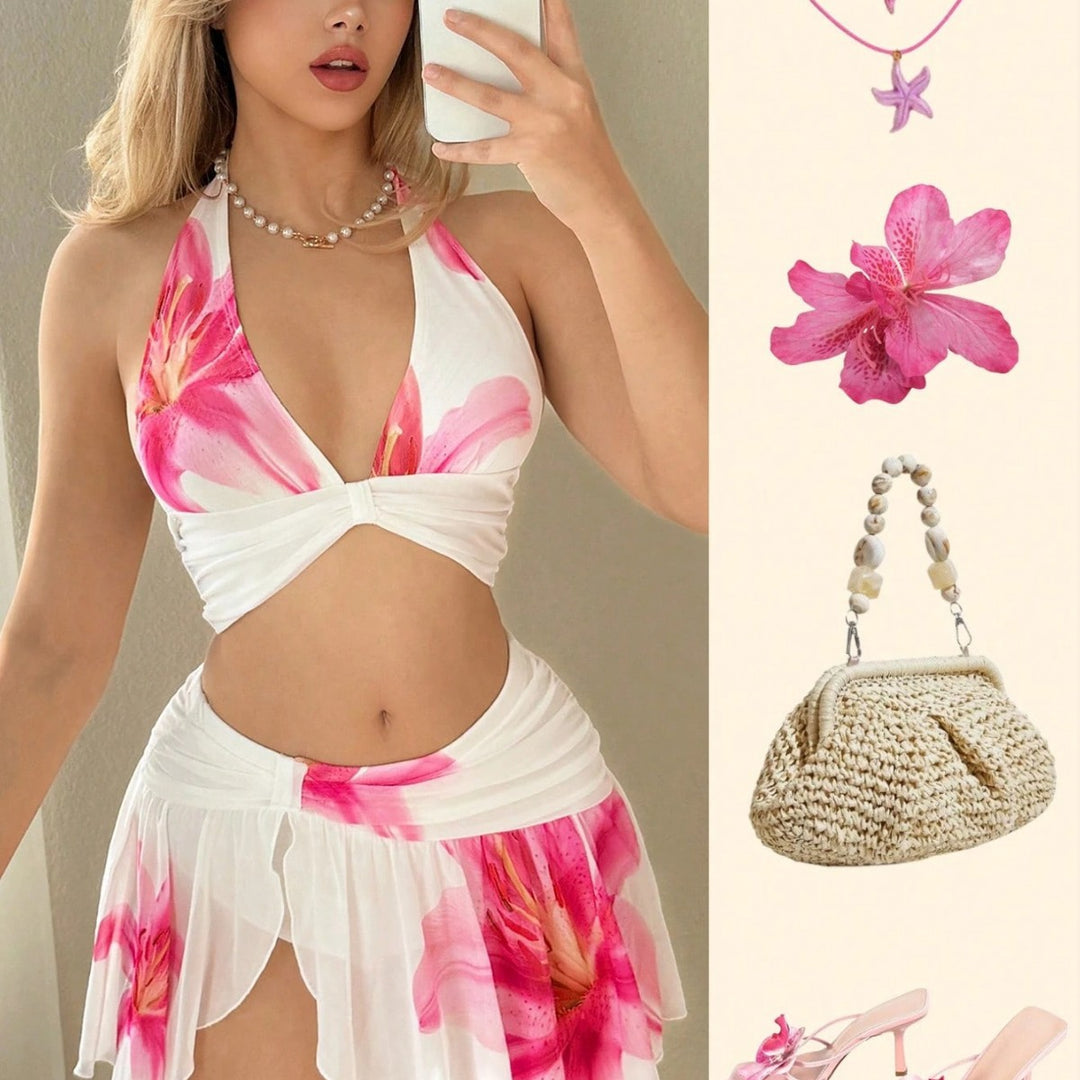 Damen Bikini-Set mit modischem Wickeldesign und floralem Rock Echo Archiv