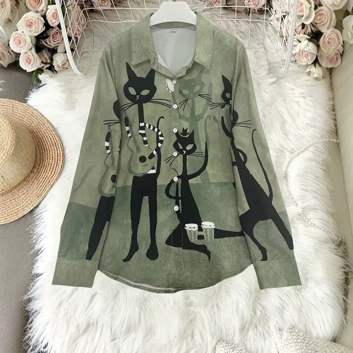 Damen Modische Hemdbluse mit einzigartigem Katzenmotiv Echoarchiv