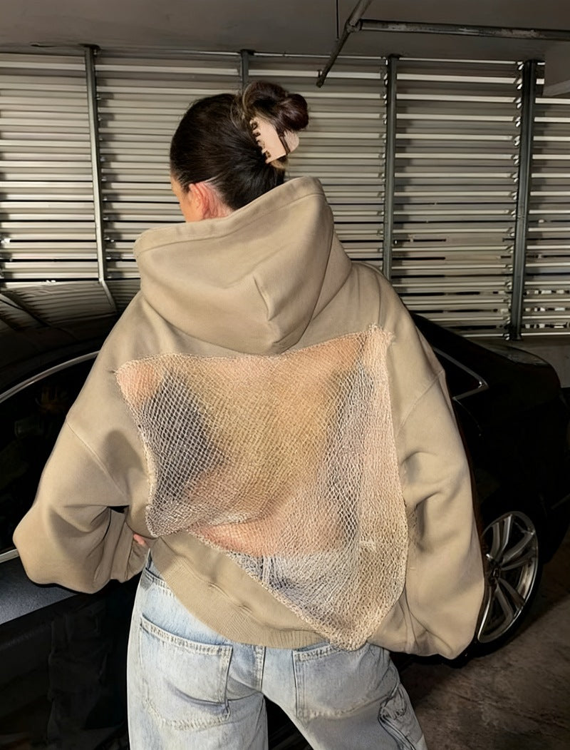 Damen Hoodie mit glitzerndem Mesh-Rückenapplikation – Auréline