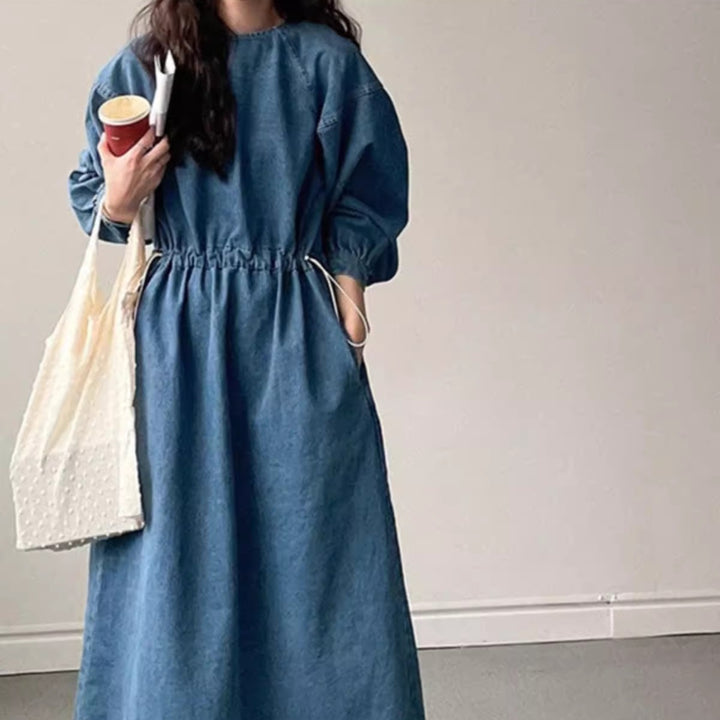 Damen Denim-Midikleid mit Kordelzugtaillierung Echoarchiv