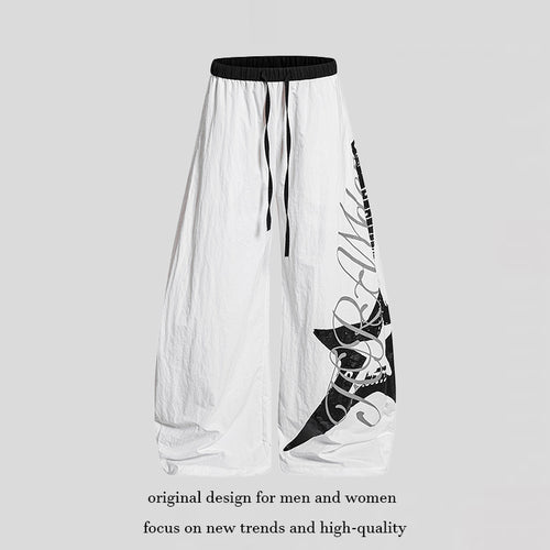 Damen Weite Palazzo-Hose mit Tunnelzugbund und großflächigem Statement-Print Echoarchiv