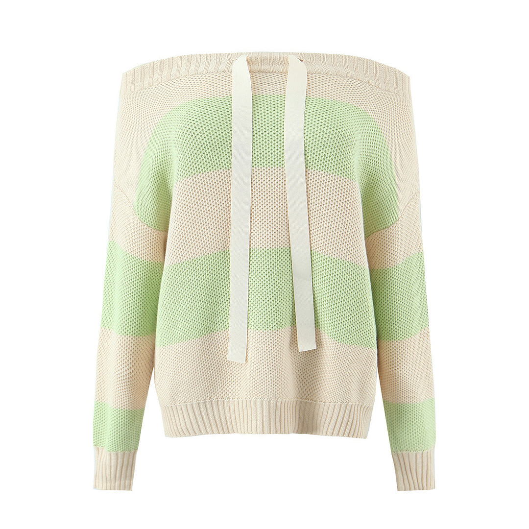Damen Oversized Off-Shoulder-Pullover mit Carmenkragen, Waffelstrick und Zierbändern Echo Archiv