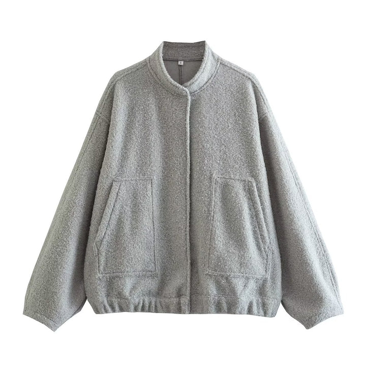 Damen boxy Wollmix-Blouson mit Stehkragen, verdeckter Frontleiste, Eingrifftaschen und elastischem Saum – Célinea