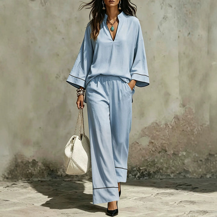 Damen Lässiges zweiteiliges Leinenoptik-Loungewear-Set mit Stehkragen, V-Ausschnitt und weitem Beinschnitt Echoarchiv