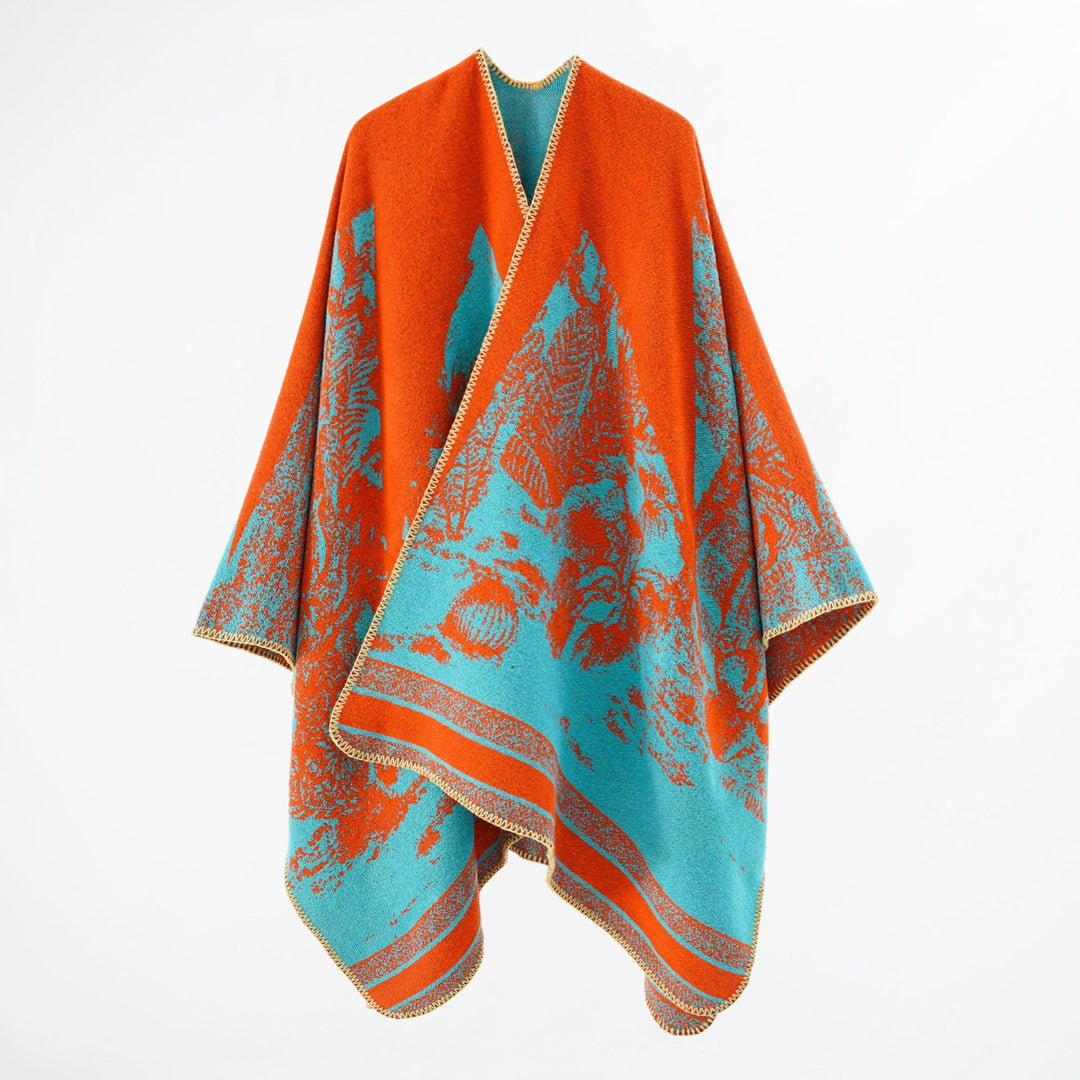 Damen Capeponcho aus Wollmix mit zweifarbiger Jacquardstruktur und Zierstichrand – Montévia