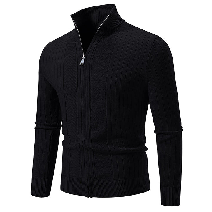 Herren Schmal geschnittene Feinstrick-Zipjacke mit Stehkragen und markanter Rippstruktur Echo Archiv