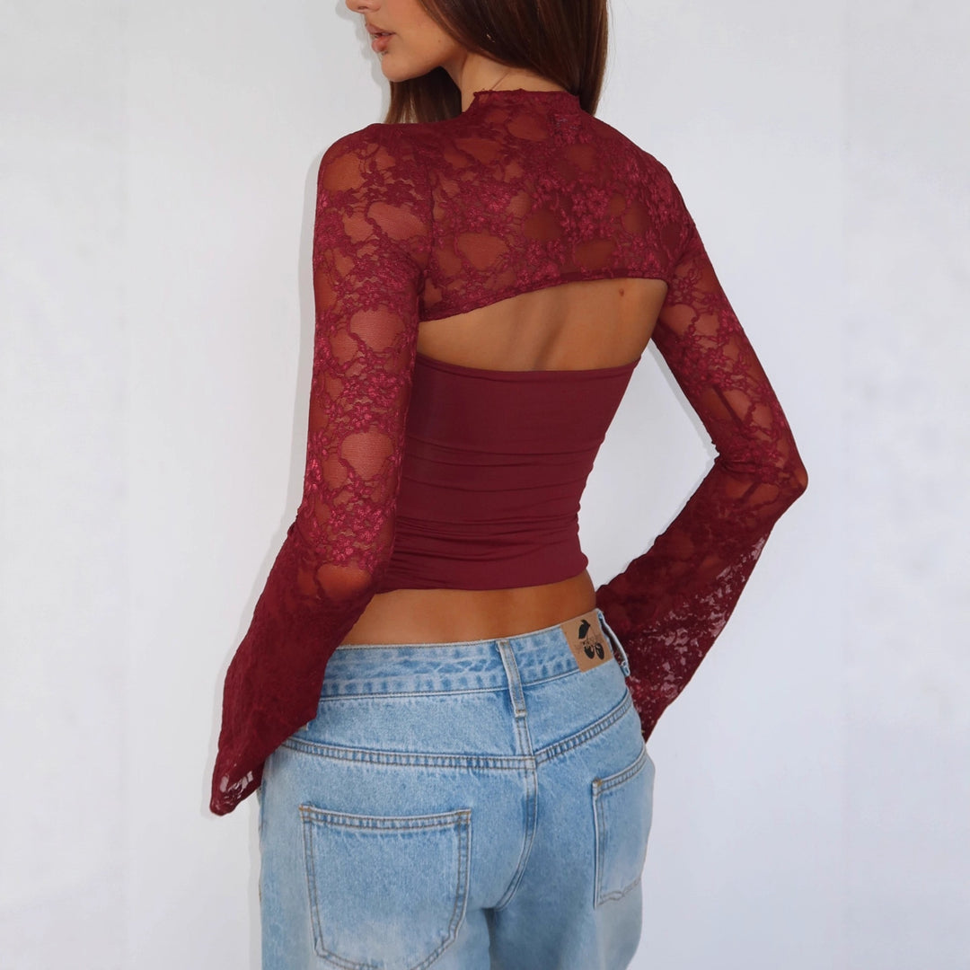 Damen Elegantes Oberteil mit transparenten Ärmeln und hochwertiger Spitze Echo Archiv
