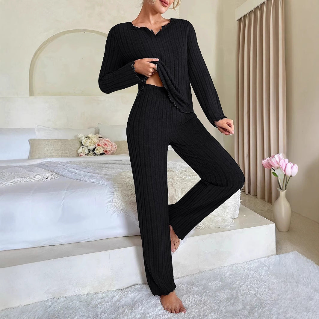 Damen Gemütlicher zweiteiliger Pyjama mit kontrastierenden Rüschen – Élanora