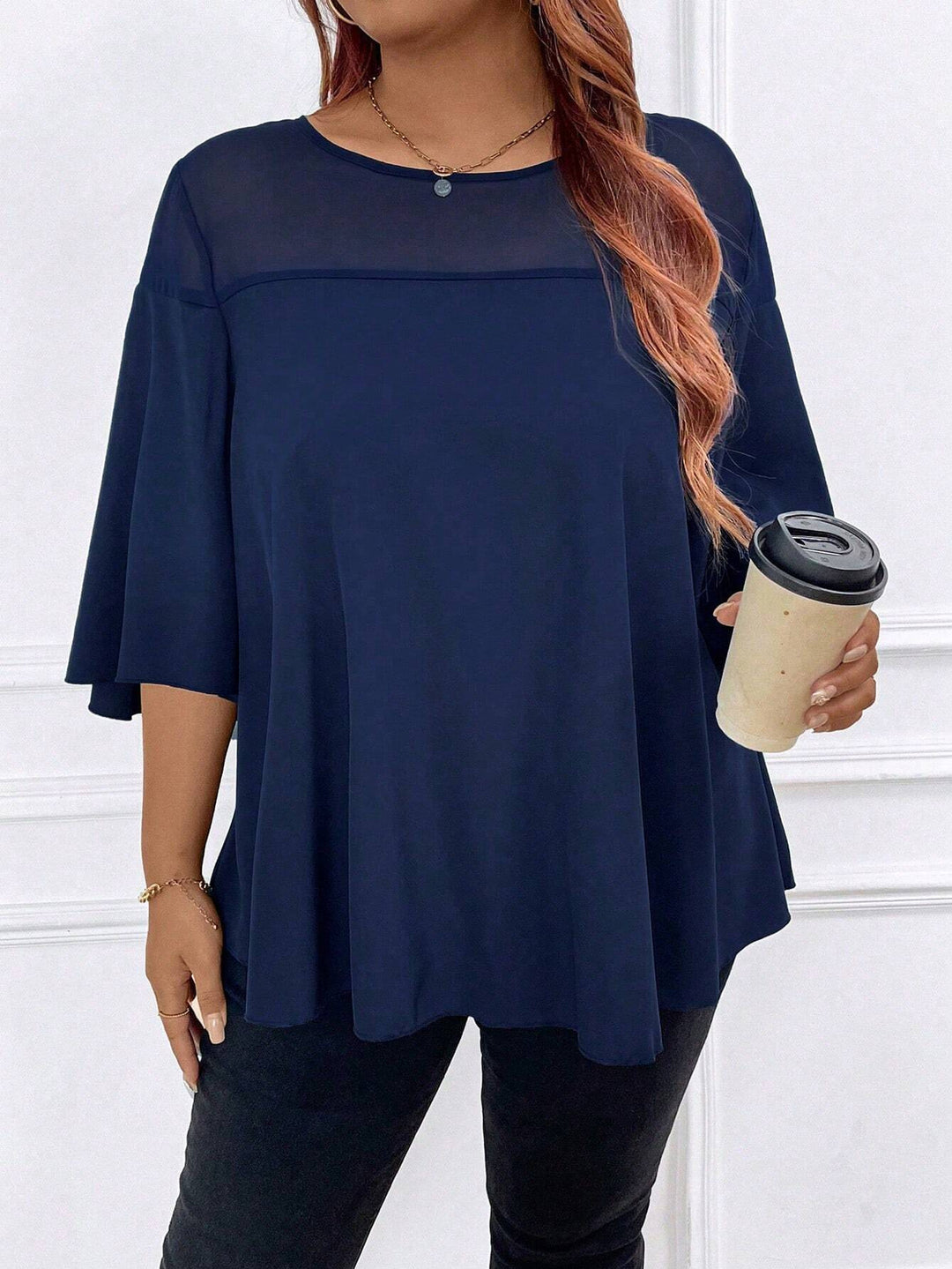 Damen Weites Chiffon-Tunika-Top mit transparentem Einsatz und Flügelärmeln Echo Archiv