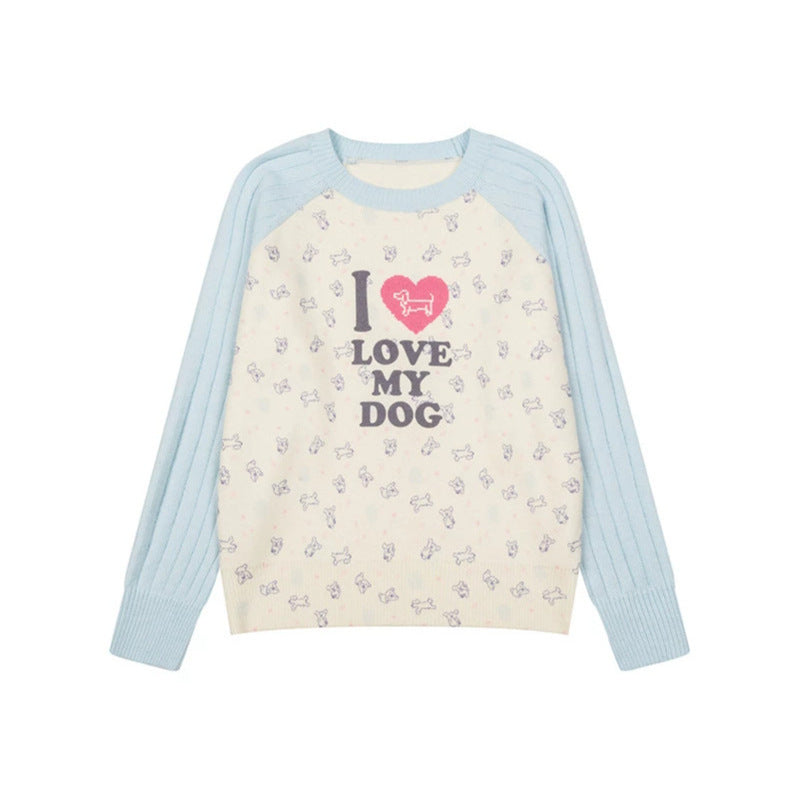 Damen Gestrickter Raglanpullover mit Herz‑Hundemotiv, Rippärmeln und Allover-Print Echoarchiv