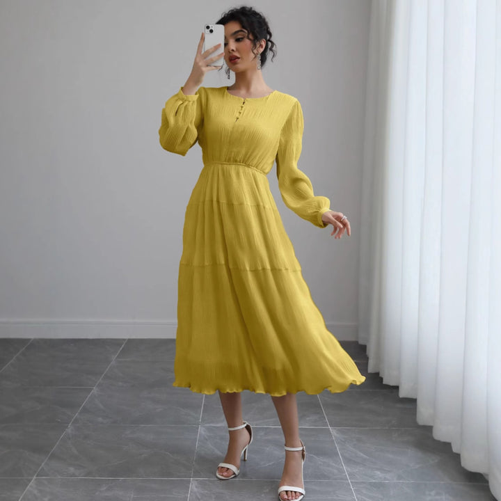 Damen Midikleid aus Crêpe mit Stufenrock, geraffter Taille und Ballonärmeln – Élara