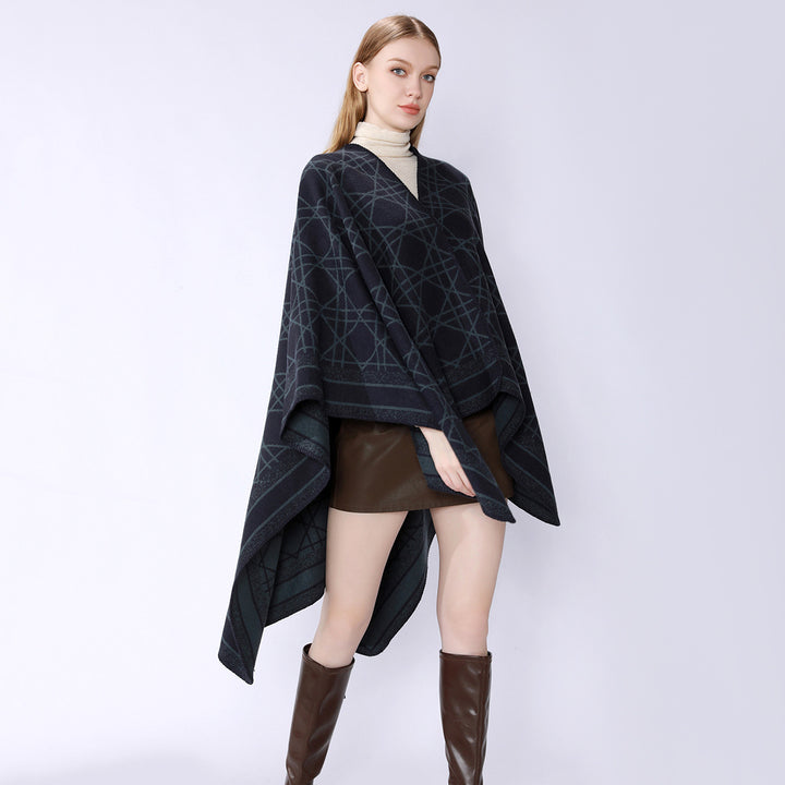 Damen Wendbarer Jacquard-Capeponcho mit geometrischem Allovermuster und offenem Kimono-Fall – Célinea