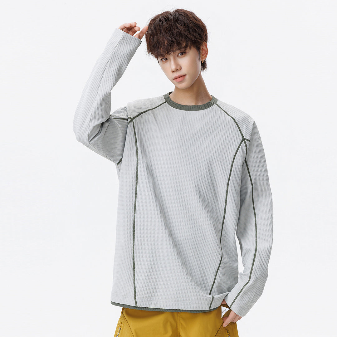 Herren Waffelstruktur-Langarmshirt im Oversize-Schnitt mit Kontrastflatlocknähten und Rundhalsausschnitt Echo Archiv