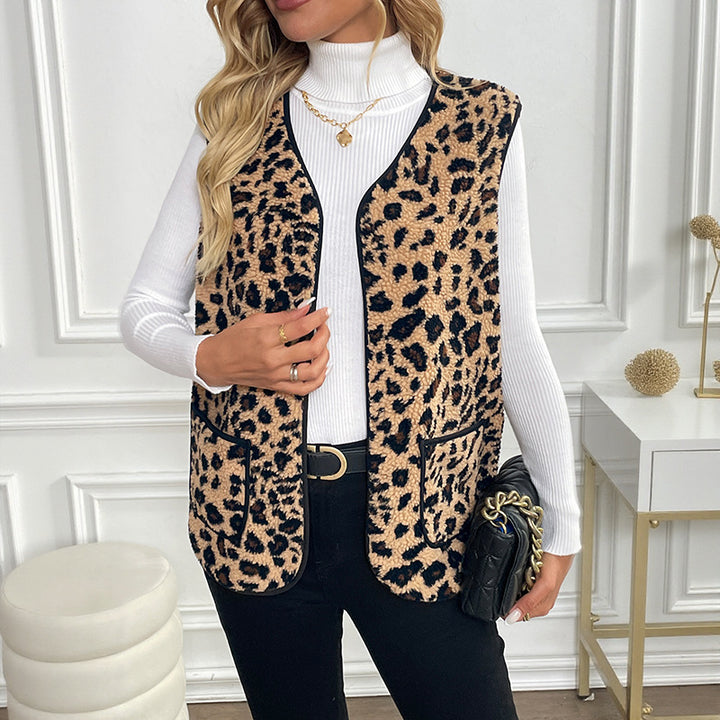 Damen Gefütterte Teddy‑Weste mit Leopardenmuster und aufgesetzten Taschen – Célinea