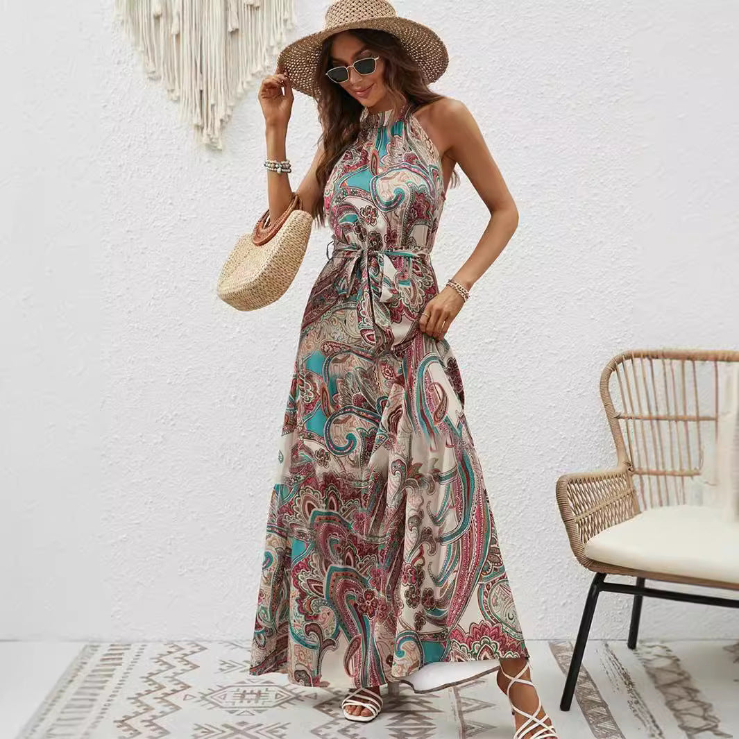 Damen Maxikleid Im Boho-Stil mit Hohem Kragen und Bindegürtel Echoarchiv