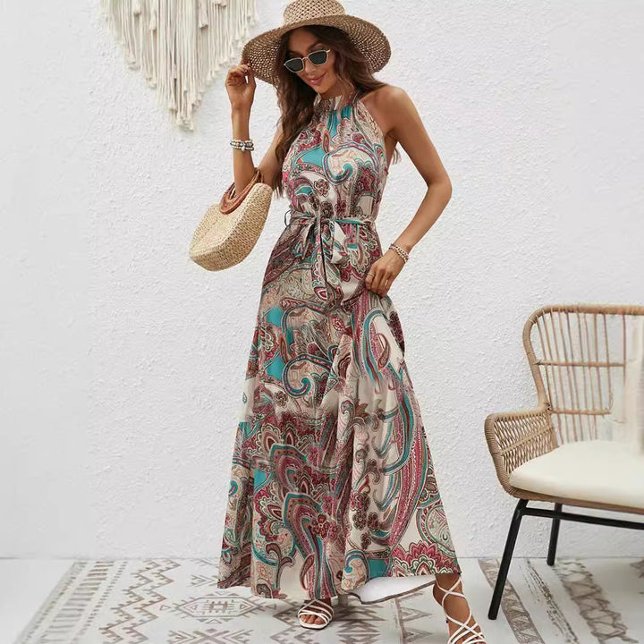 Damen Maxikleid Im Boho-Stil mit Hohem Kragen und Bindegürtel Echoarchiv