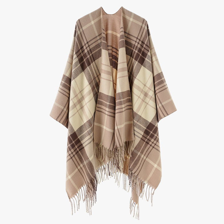 Damen Cape‑Poncho im Oversize‑Deckenstil mit tartanartigem Karomuster und Fransensaum – Avérine
