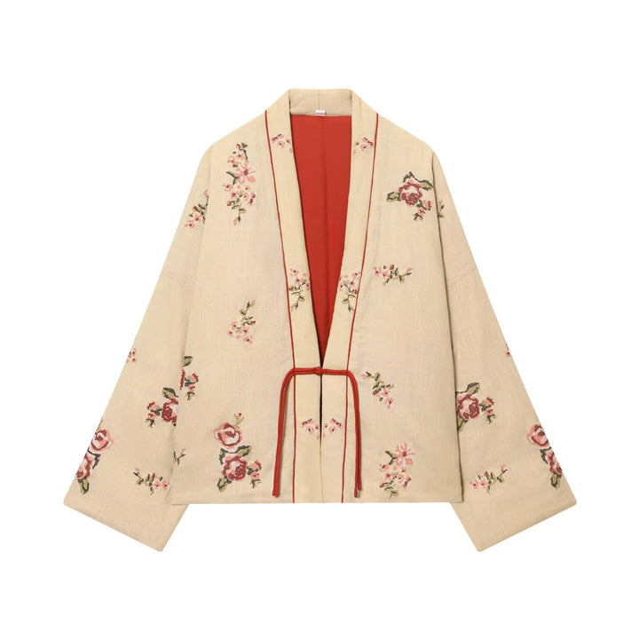 Damen bestickte Kimono-Jacke mit floraler Stickerei, Kontrastfutter und Bindegürtel – Célinea