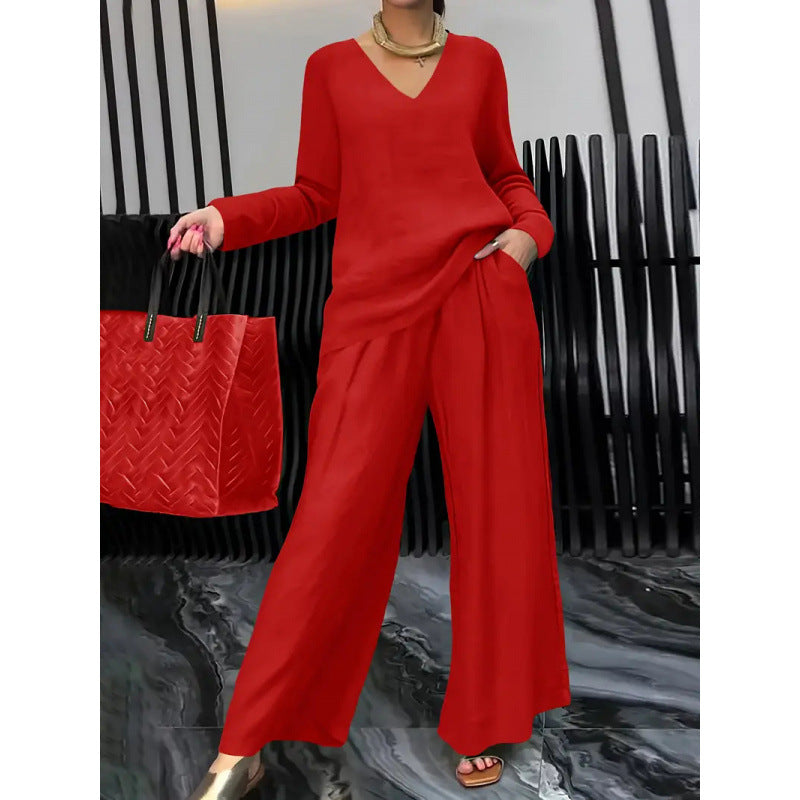 Damen Feiner V-Ausschnitt Strickpullover mit fließender Palazzo-Hose Echo Archiv