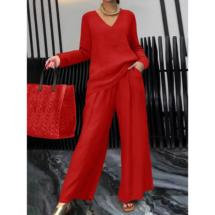 Damen Feiner V-Ausschnitt Strickpullover mit fließender Palazzo-Hose Echo Archiv