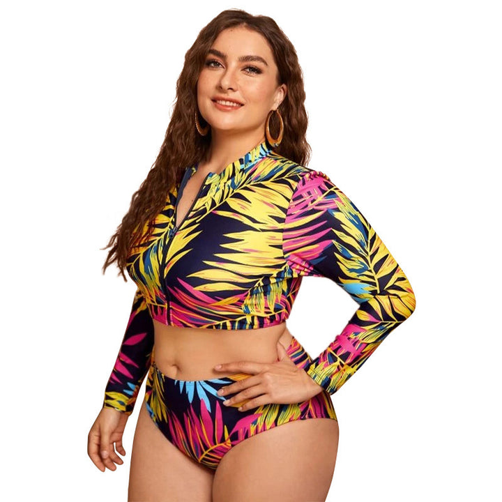 Damen Surf-Bikini-Set mit langärmligem Oberteil und buntem Palmendruck Echo Archiv