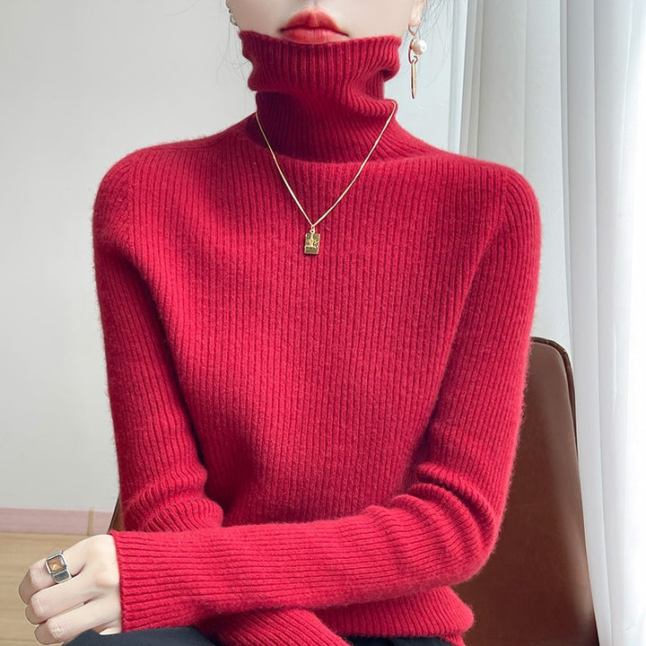 Damen Schlanker Rippenstrick-Rollkragenpullover mit gerafftem Hals und kaschmirähnlicher Haptik Echoarchiv
