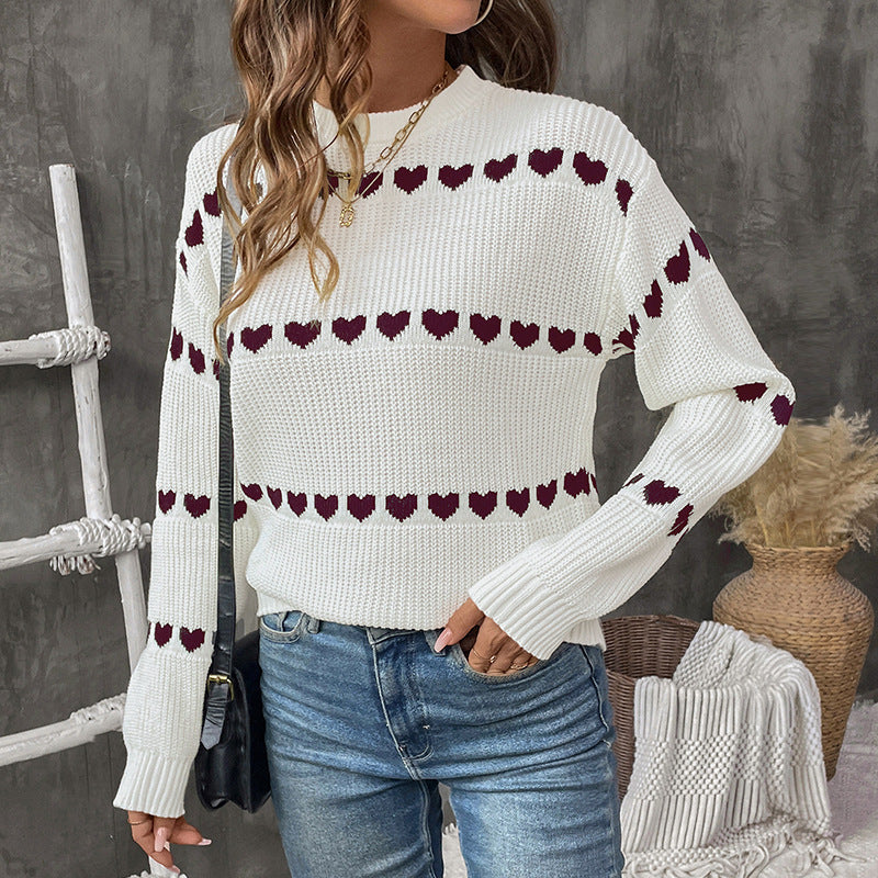 Damen Strickpullover mit Herz-Jacquard, Oversize-Rundhals & Rippbündchen Echoarchiv