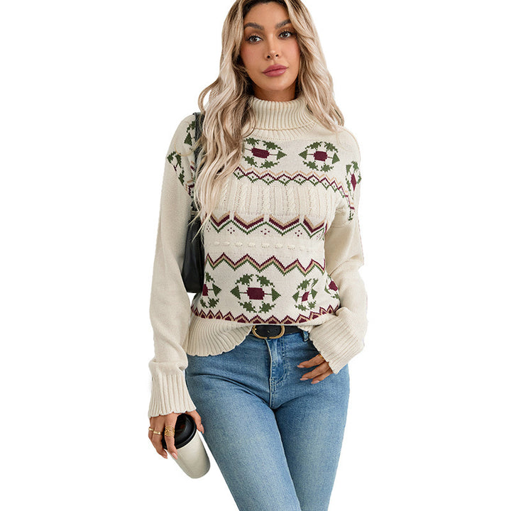 Damen Strickpullover mit Norweger-Muster, Zopfmuster-Einsätzen und Rollkragen – Mavelle