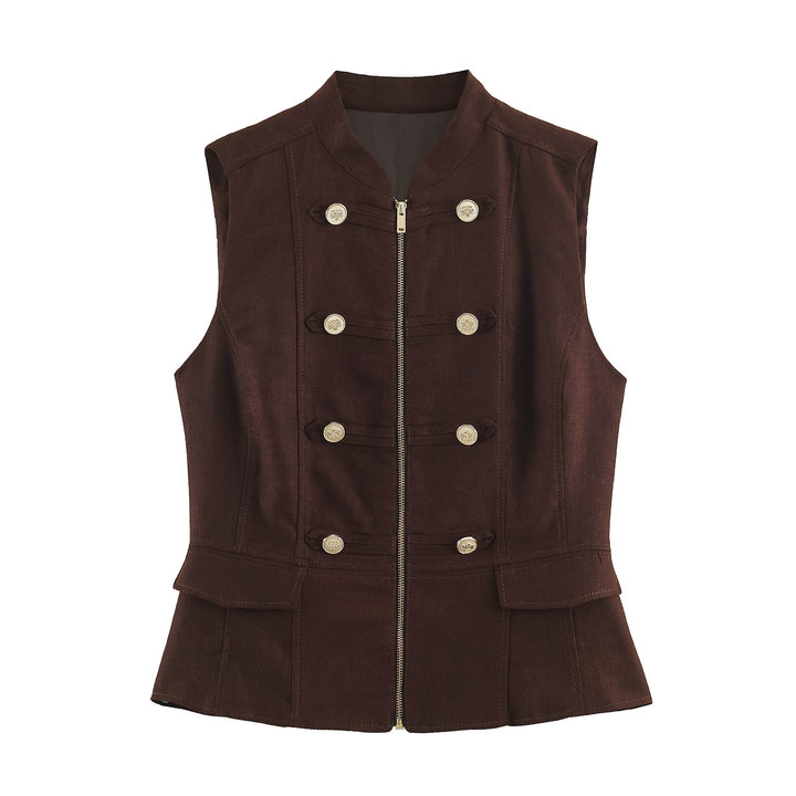 Damen taillierte Military-Weste mit Stehkragen, goldenen Zierknöpfen, Reißverschluss und aufgesetzten Klappentaschen – Célinea